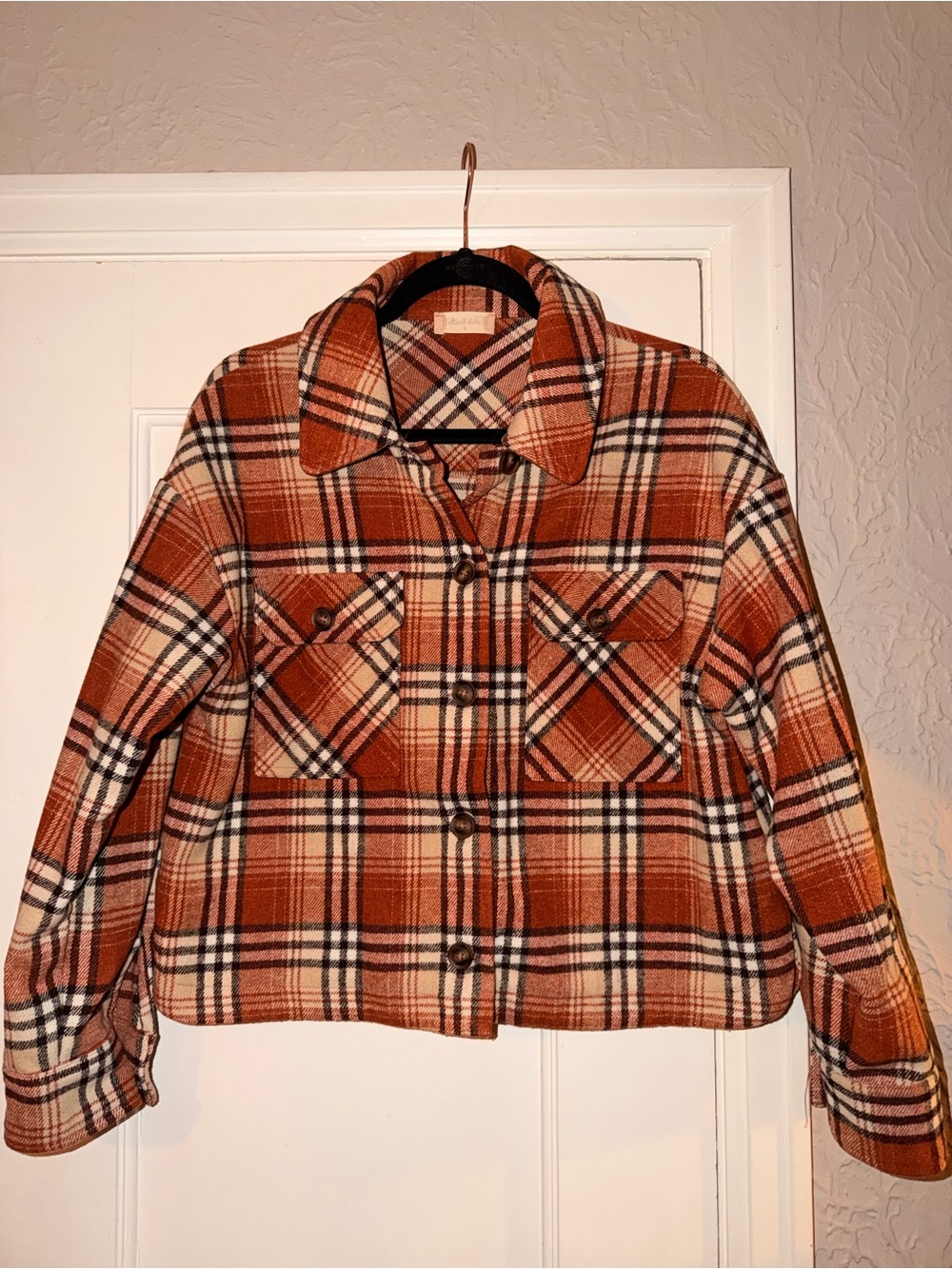 Altar'd State Rust Plaid Cropped Jean Jacket